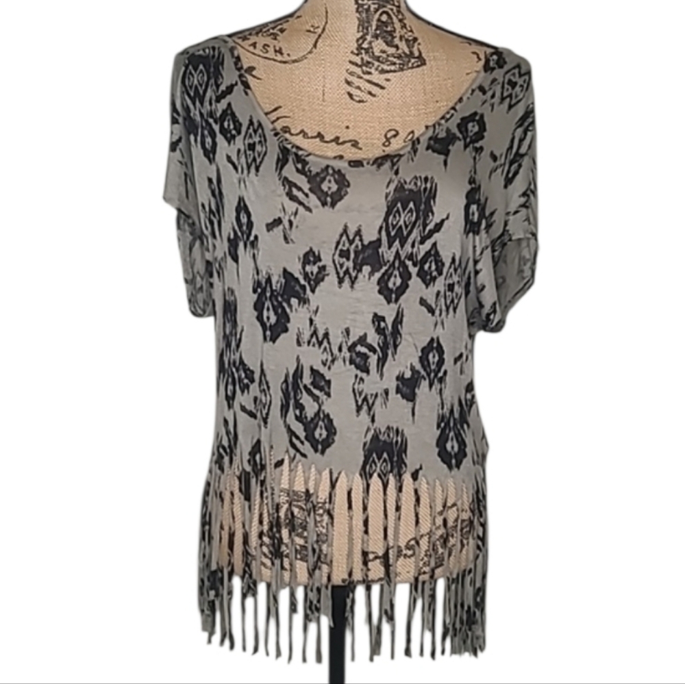 Sans Souci Olive Green Short Sleeve Fringe Hem Off  the Shoulder Top